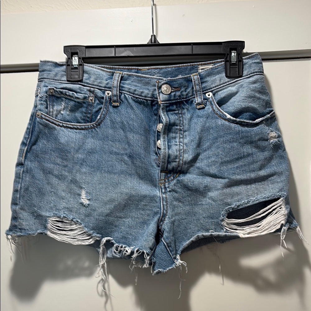 Distressed High-Rise Denim Shorts - Blue